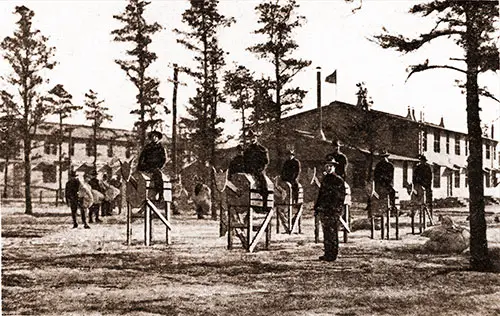 Squad from Batter E, 303rd Heavy Field Artillery Learns the Gentle Art of Equestrianism Under Watchful Eyes of Lt. Julian L. Lathrop.