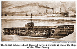 GGA Image ID # 17ffba2e5c U-Boat U-65 Submerged and Preparing to Fire Torpedo at a Ship in an Allied Convoy.