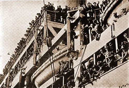 Their First View of France. Soldiers on the Ex-German SS Imperator now the USS Leviathan.
