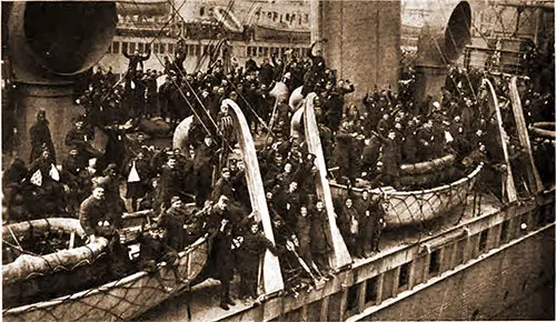 Transport Docking at Hoboken. Soldiers Greeting Friends Ashore.