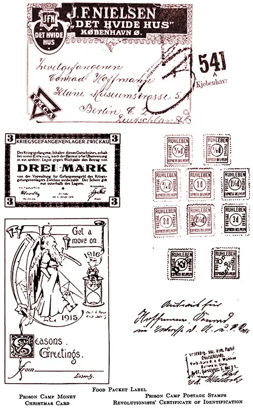 Food Packet Label, Prison Camp Money, Prison Camp Postage Stamps, Christmas Card, and Revolutionists' Certificate of Identification.