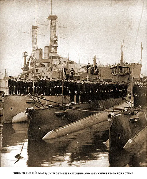 A United States Battleship and Submarines Ready for Action.