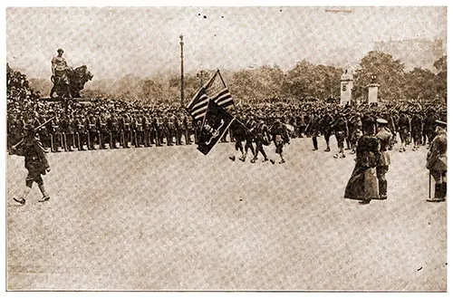 King George Salutes the Stars and Stripes When United States Soldiers March Through London.