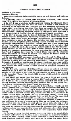 Page 1, Affidavit of Merle Egan Anderson in Recognition for Purposes of VA Benefits, 1977.