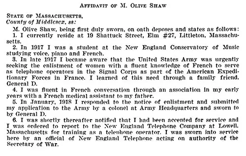 Page 1 of the Affidavit of M. Olive Shaw, Recognition for Purposes of VA Benefits, 1977.