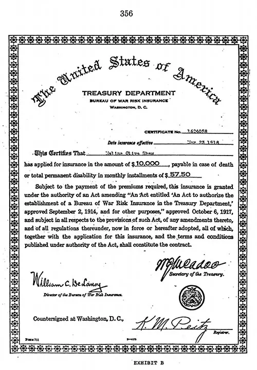 Exhibit B, War Risk Insurance Certificate for Maline Olive Shaw, 23 March 1918. Recognition for Purposes of VA Benefits, 1977.