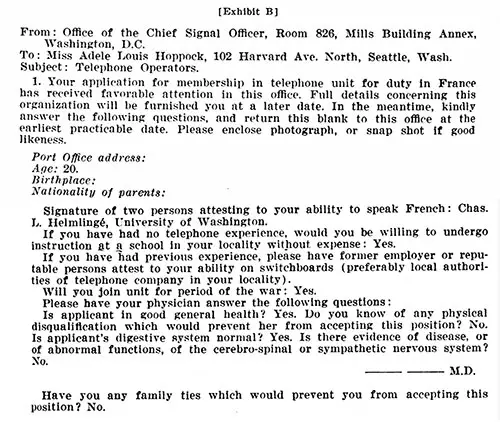 Exhibit B: Application for Membership in Telephone Unit, Adele Hoppock, 1918.