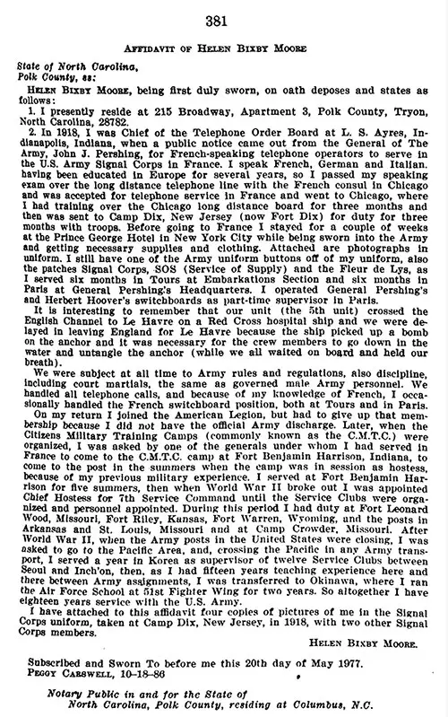 Affidavit of Helen Bixby Moore, Recognition of VA Benefits, 1977.