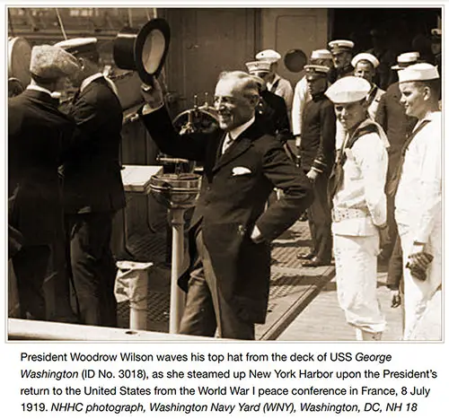 President Woodrow Wilson Waves His Top Hat from the Deck of USS George Washington