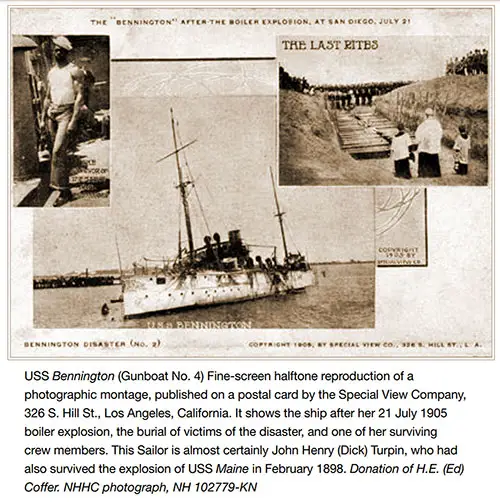 USS Bennington (gunboat No. 4) Fine-screen Halftone Reproduction of a Photographic Montage, Published on a Postal Card by the Special View Company, 326 S. Hill St., Los Angeles, California.