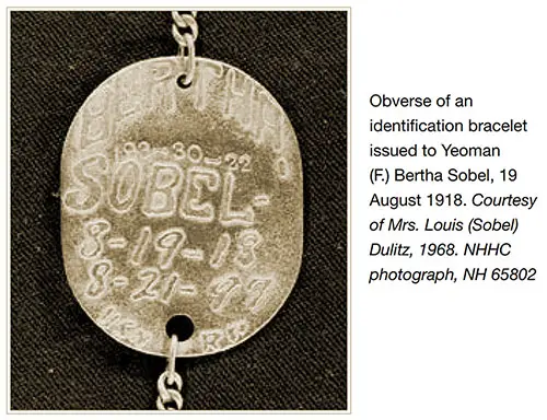 The obverse of an Identification Bracelet Issued to Yeoman (f.) Bertha Sobel, 19 August 1918.