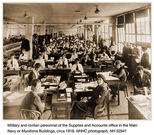 Military and Civilian Personnel of the Supplies and Accounts Office in the Main Navy or Munitions Buildings, circa 1918.