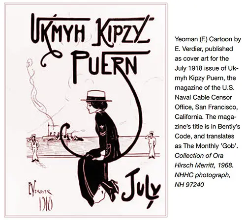 Yeoman (f.) Cartoon by E. Verdier, Published as Cover Art for the July 1918 Issue of Ukmyh Kipzy Puern, the Magazine of the US Naval Cable Censor Office, San Francisco, California.