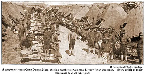 A Company Street at Camp Devens, Massachusetts, Showing Members of Company E Ready for an Inspection.