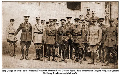 King George on a visit to the Western Front with Marshal Foch, General Pétain, Field Marshal Sir Douglas Haig, and General Sir Henry Rawlinson and Their Staffs.