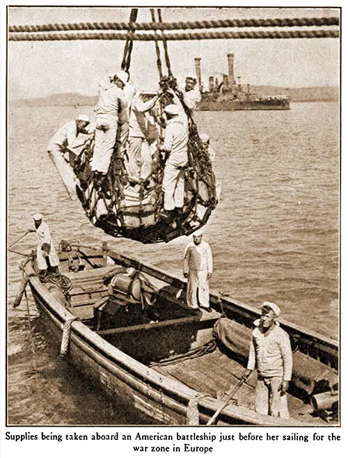 Supplies Being Taken Aboard an American Battleship Just before Her Sailing for the War Zone in Europe.