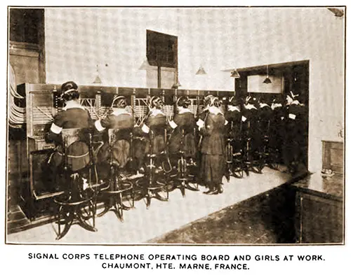 Signal Corps Telephone Operating Board and Girls at Work, Chaumont, HTE, Marne, France, 1918.