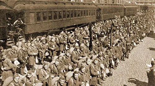 Soldiers Assemble After Leaving the Train to Await Orders to Embark on the Transport Ships.