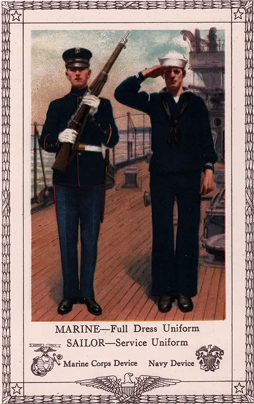 Marine—Full Dress Uniform; Sailor—Service Uniform; Marine Corps Device | Navy Device.