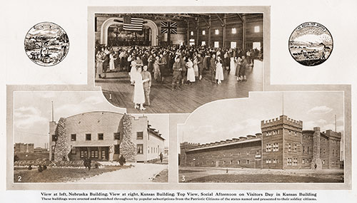 View at left, Nebraska Building; View at right, Kansas Building; Top View, Social Afternoon on Visitors Day in Kansas Building.