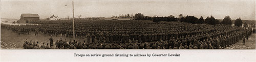 Troops on review ground listening to address by Governor Lowden. Camp Grant Pictorial Brochure, 1917.