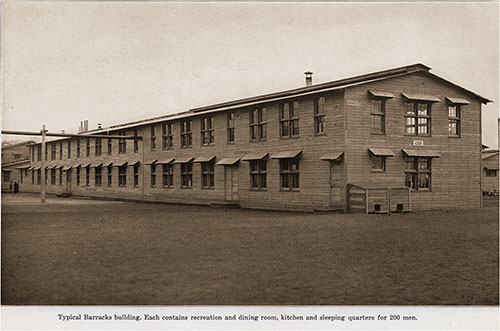 Typical Barracks Building. Each Contains Recreation and Dining Room, Kitchen, and Sleeping Quarters for 200 Men.