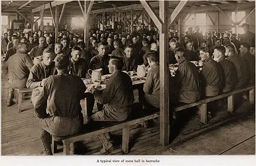 A typical view of mess hall in barracks. Camp Grant Pictorial Brochure, 1917.