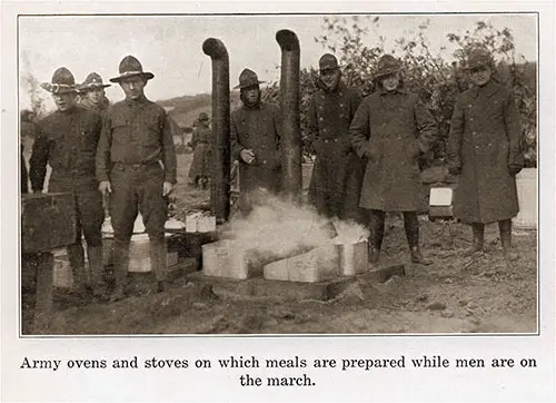 Army ovens and stoves on which meals are prepared while men are on the march. Camp Grant Pictorial Brochure, 1917.