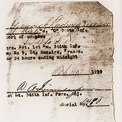 GGA Image ID # 186c340fba 24-Hour Pass Granted by Lt. A. A. Suisendorf, 346th Infantry Personnel Adjutant to Gjenvick, Ludwig 2100540, Corporal in Company C, 346th Infantry, dated 21 February 1919.