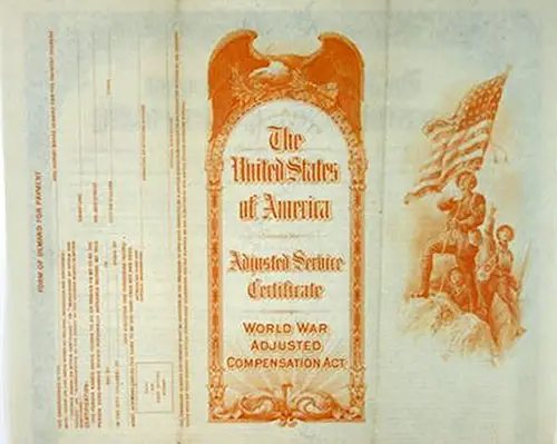 Reverse Side of the United States of America Adjust Service Certificate, Created Under the World War Adjusted Compensation Act of 1924.
