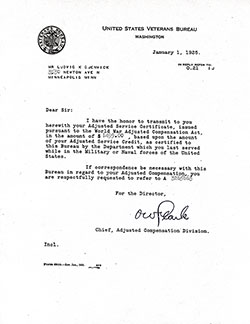 GGA Image ID # 186ca4291a Adjusted Service Certificate Transmission Letter from O. W. Parle, Chief, Adjust Compensation Division to Mr. Ludvig K. Gjenvick, dated 1 January 1925.