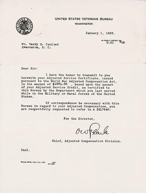 Adjusted Service Certificate Transmission Letter from O. W. Parle, Chief, Adjust Compensation Division to Mr. Harry B. Coulter, dated 1 January 1925.