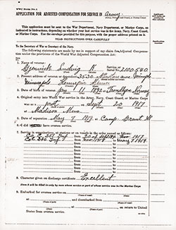 GGA Image ID # 186cf89cee Page 1 of 4 of the Application for Adjusted Compensation for Service in the Army, Completed by Applicant Ludvig K. Gjenvick on 8 July 1924.