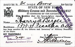 Wallet-Sized Military Census and Inventory of 1917 Card for Harry A. Berger, Assembly District No 3X, Burough of Bronx, New York City Dated 22 June 1917.