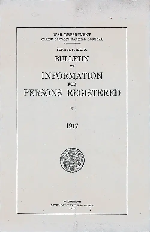 Front Cover, Bulleting of Information fro Person Registered, 1917, Form 21 PMGO.