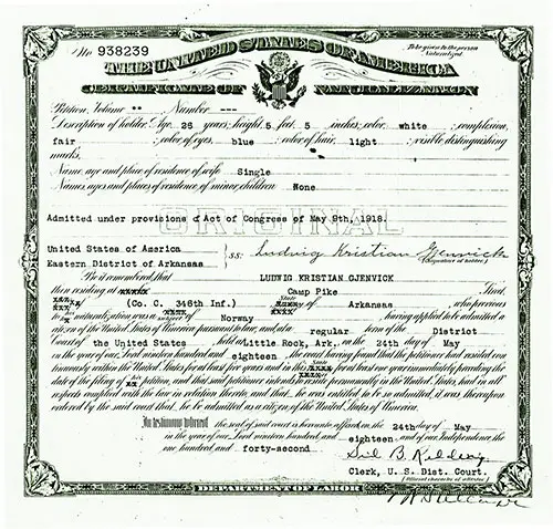 Certificate of Immigration for Norwegian Immigrant Ludwig Kristian Gjenvick of Company C, 346th Infantry Stationed at Camp Pike, 24 May 1918.