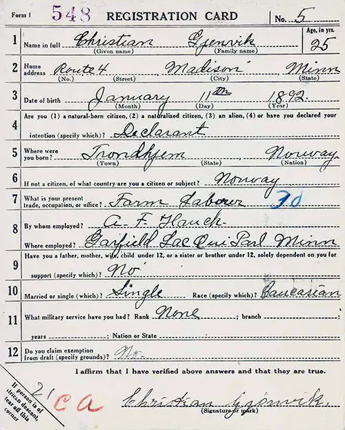 World War 1 Draft Registration Card for Norwegian Immigrant Who Lived Near Madison, Minnesota.