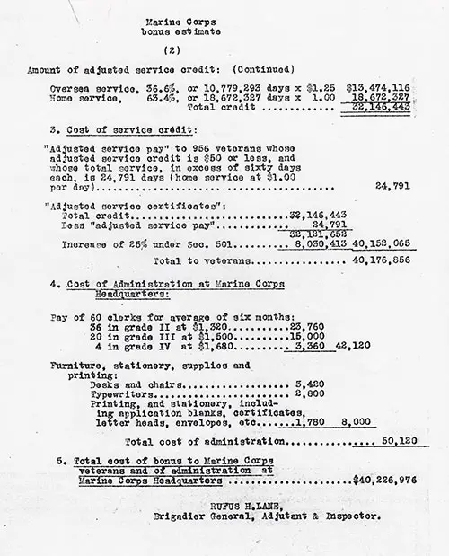 Page 2 of 2, Estimate of Cost of Providing Bonus for Members of Marine Corps Under World War Adjusted Compensation Act, H.R. 7959, March 28, 1924.