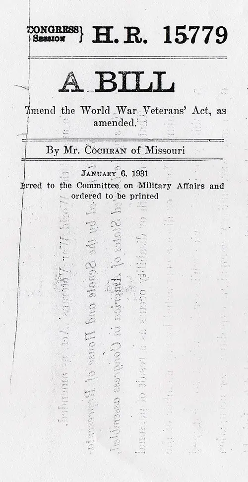 Title Page, HR 15779 World War Veterans' Act as Amended, 6 January 1931.