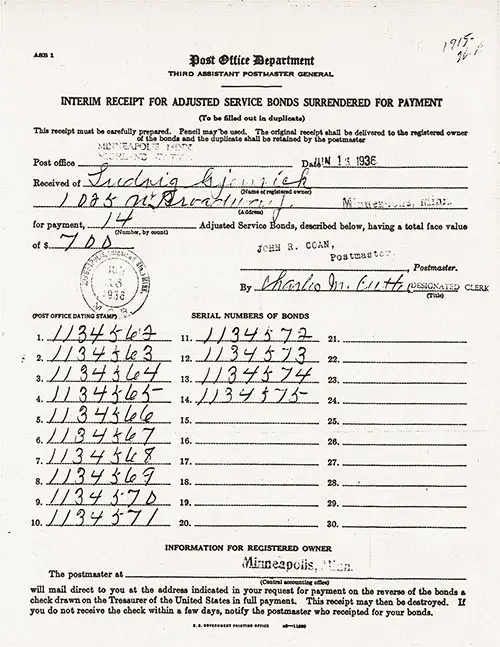 Interim Receipt for Adjusted Service Bonds Surrendered For Payment 