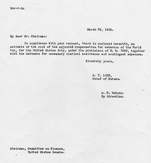 Letter from A. T. Long to Chairman, Committee on Finance, United States Senate dated 29 March 1924.