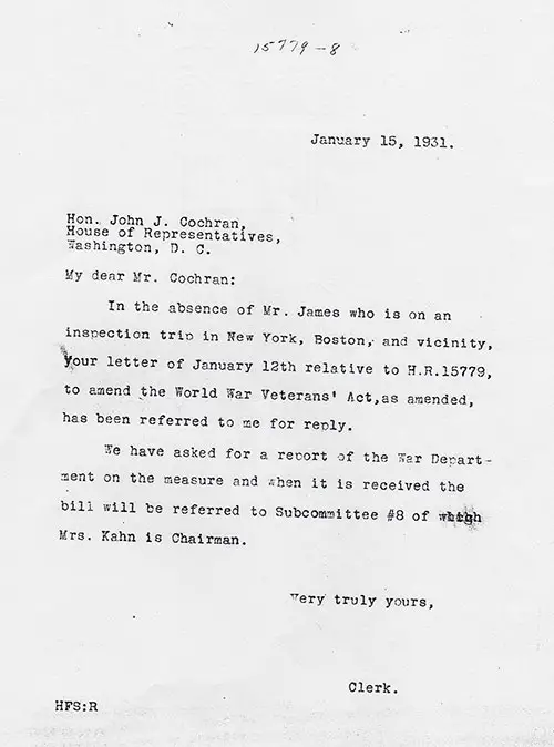 Letter from Congressional Clerk to Hon. John J. Cochran, House of Representatives Dated 15 January 1931.