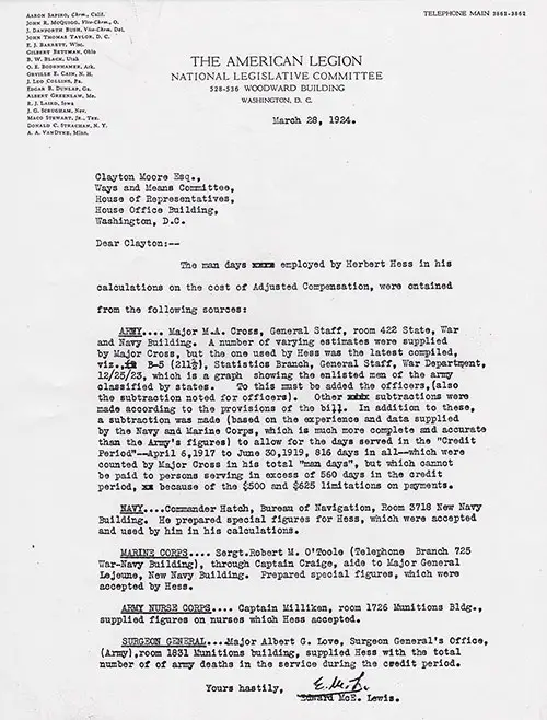 Letter Dated 28 March 1924 from Edward McE. Lewis, Director of Public Relations of the Veterans Administration. Clayton F. Moore, Esq.