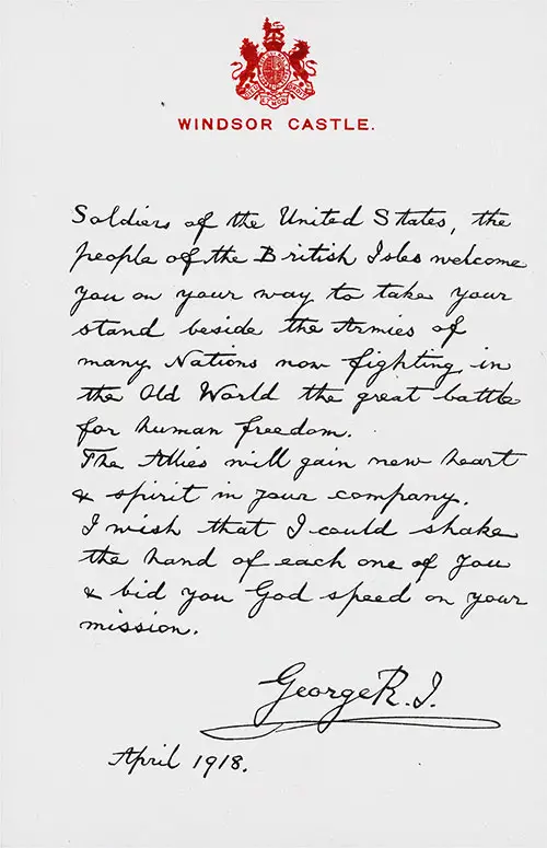 Letter to Soldiers of The United States A.E.F. from King George V - April 1918.