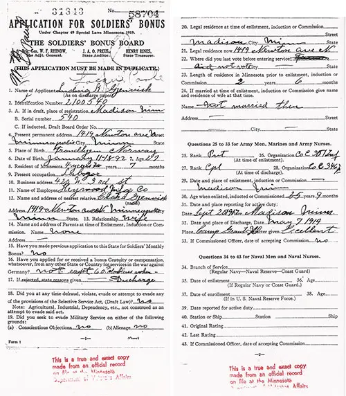 43 Questions on the Minnesota Application for a World War 1 Soldiers' Bonus Under Chapter 49 Special Laws Minnesota 1919