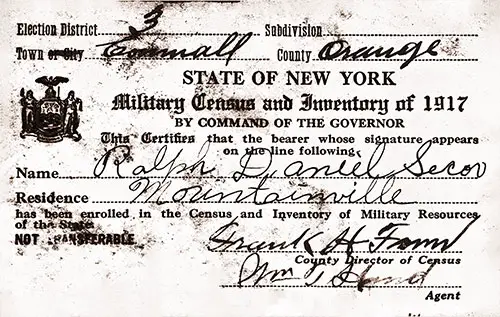 Wallet-Sized Military Census and Inventory of 1917 Card for Ralph Daniel Secor, Election District No 3, Town of Cornwall, Orange County, New York, nd, circa 1918.