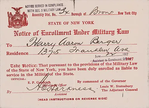Front Side, State of New York, Notice of Enrollment Under Military Law for Harry Aaron Berger of Bronx, New York City, Dated 22 June 1917.
