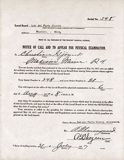 GGA Image ID # 1822499298 Notice of Call and to Appear for Physical Examination for Christian Gjenvik, Red Ink Serial Number 548, Lac qui Parle County, Madison, Minnesota, 31 July 1917.
