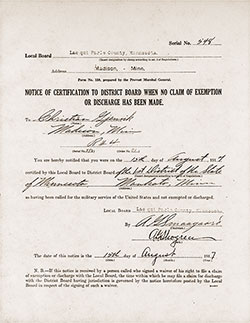 GGA Image ID # 1822540956 Notice of Certification to District Board when No Claim of Exemption or Discharge has been Made, Christian Gjenvik of Madison, Minnesota, Red Ink Serial Number 548, Dated 12 August 1917.