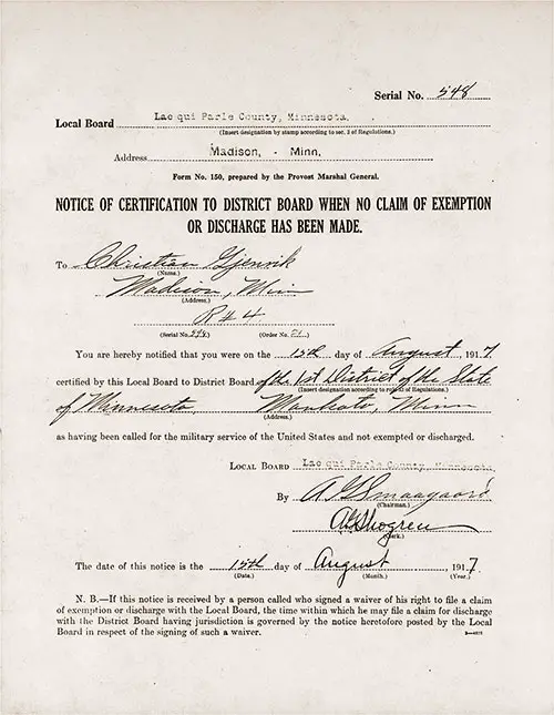 Notice of Certification to District Board when No Claim of Exemption or Discharge has been Made, Christian Gjenvik of Madison, Minnesota, Red Ink Serial Number 548, Dated 12 August 1917.